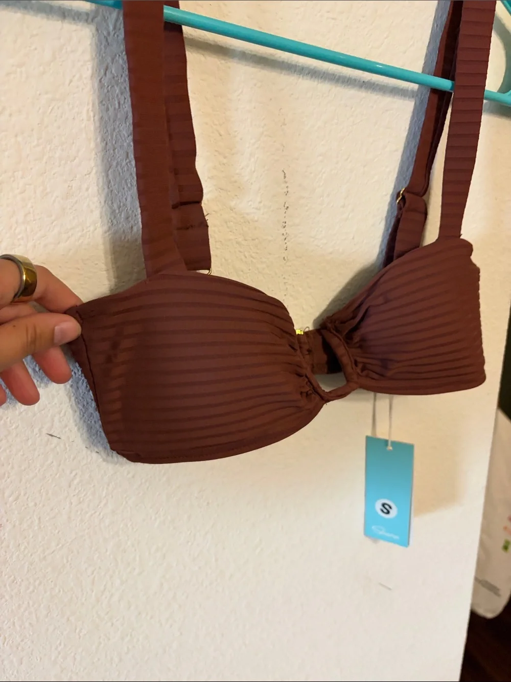 Ribbed Brown Bandeau Bikini Top with Center Gold Accent
